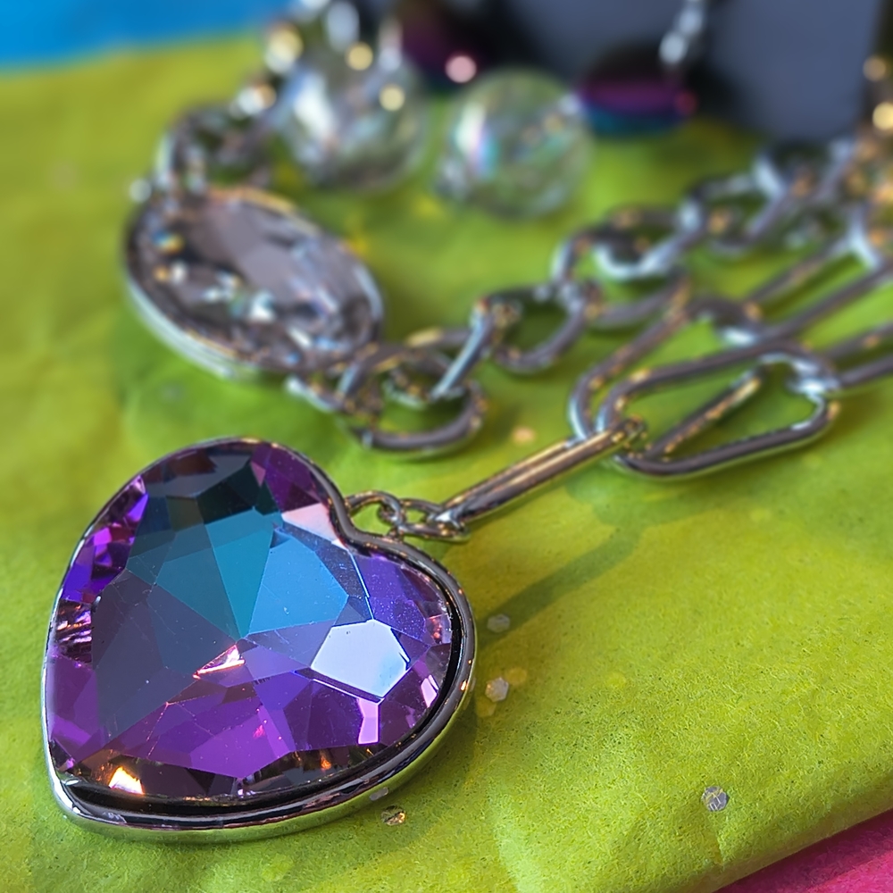Heart Crystal Necklace - Purple Blue Iridescent Dangle Earrings  White Bracelet